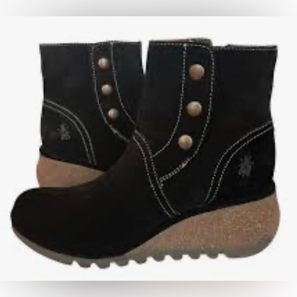 Fly London Black Ankle Boots with Gold Button Accents